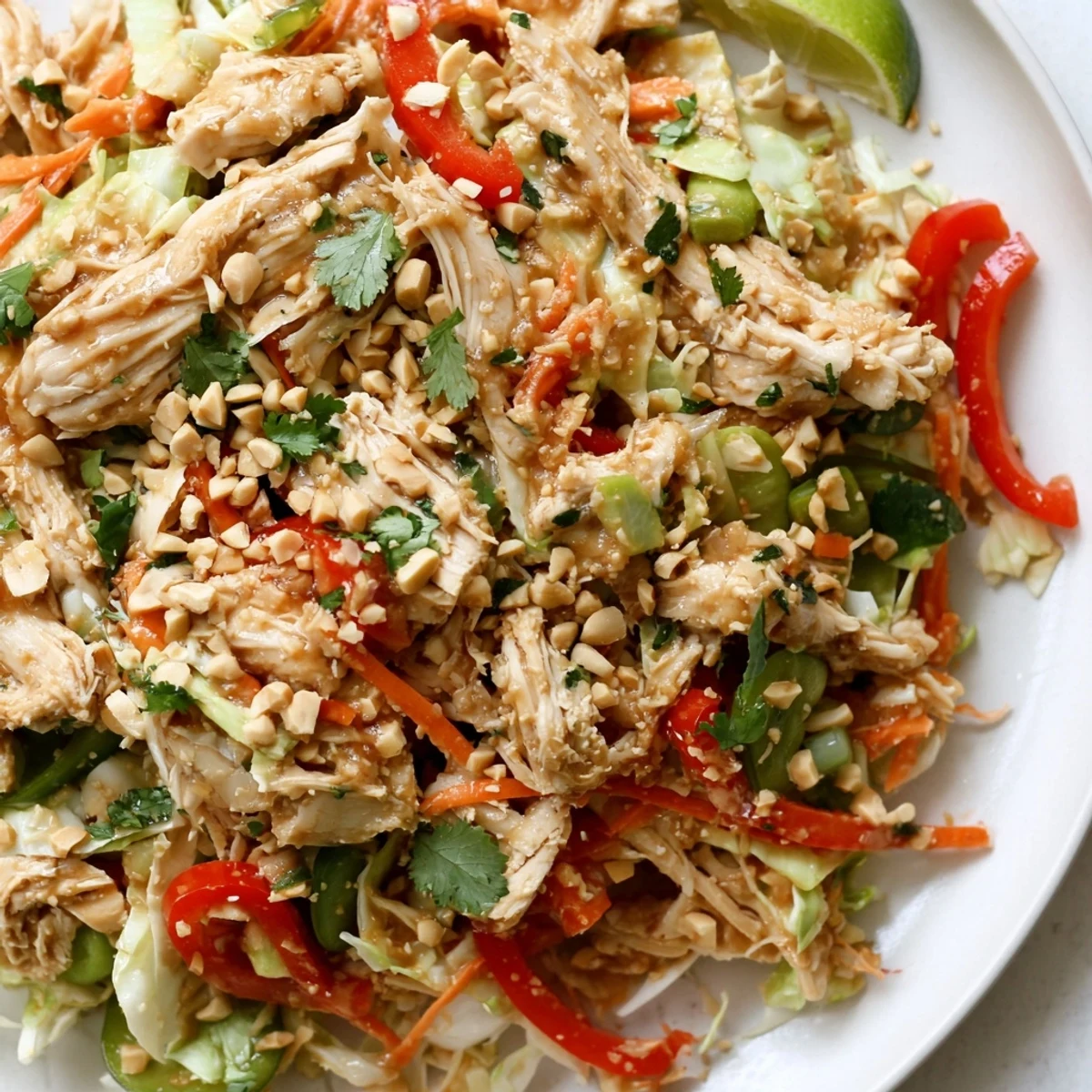 Fresh no cook Asian chicken salad with colorful shredded vegetables and zesty sesame-ginger dressing in a white bowl