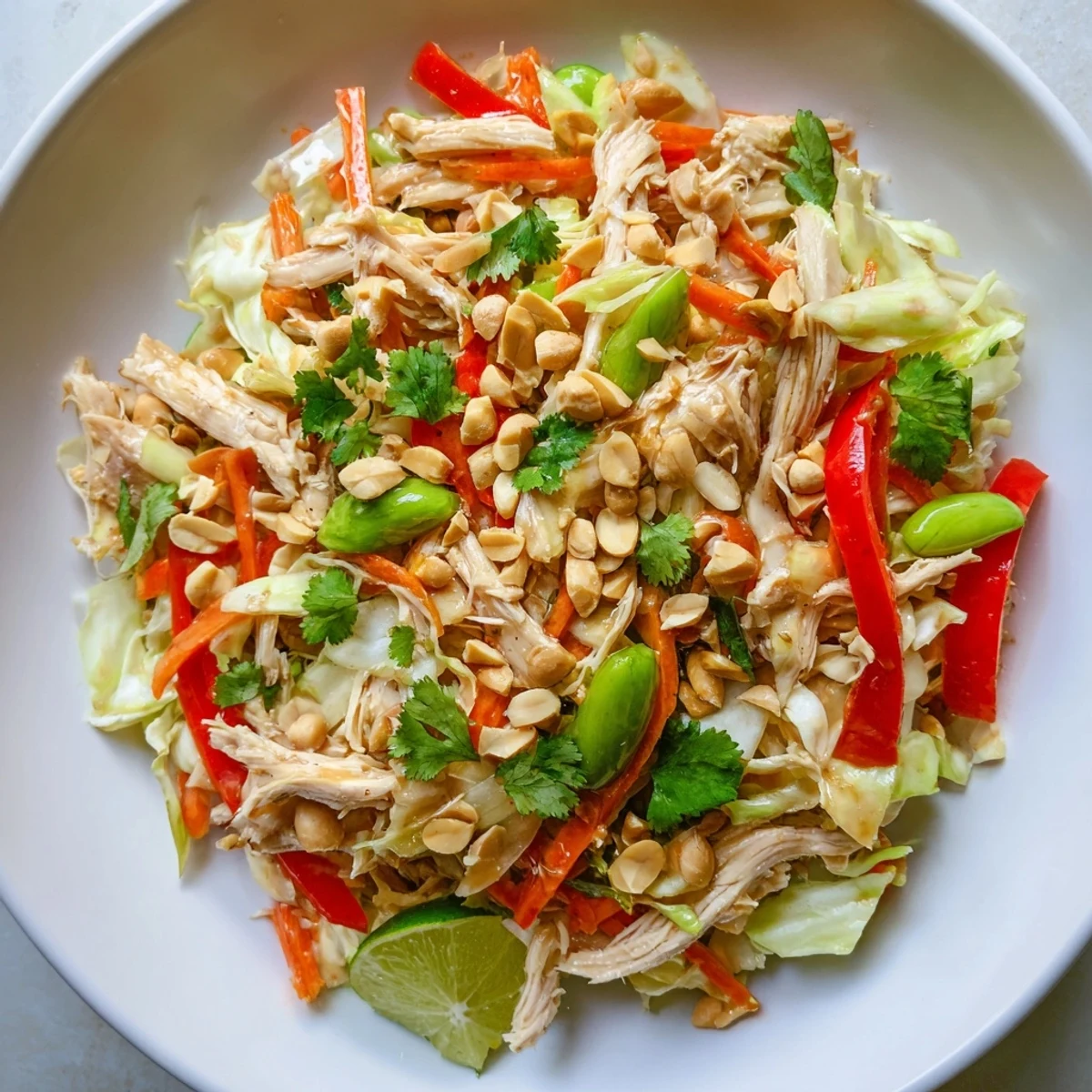 Colorful bowl of Asian chicken salad featuring crisp Napa cabbage, carrots, and bell pepper slices topped with crushed peanuts