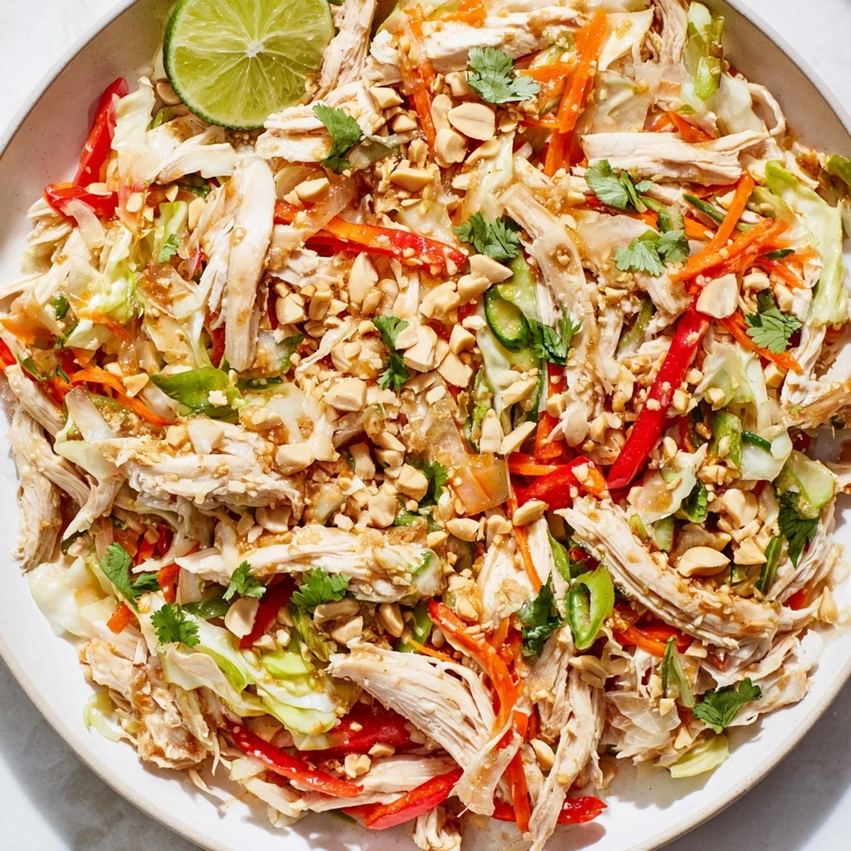 Protein-packed no cook Asian chicken salad served with vibrant vegetables, toasted sesame seeds, and fresh cilantro garnish