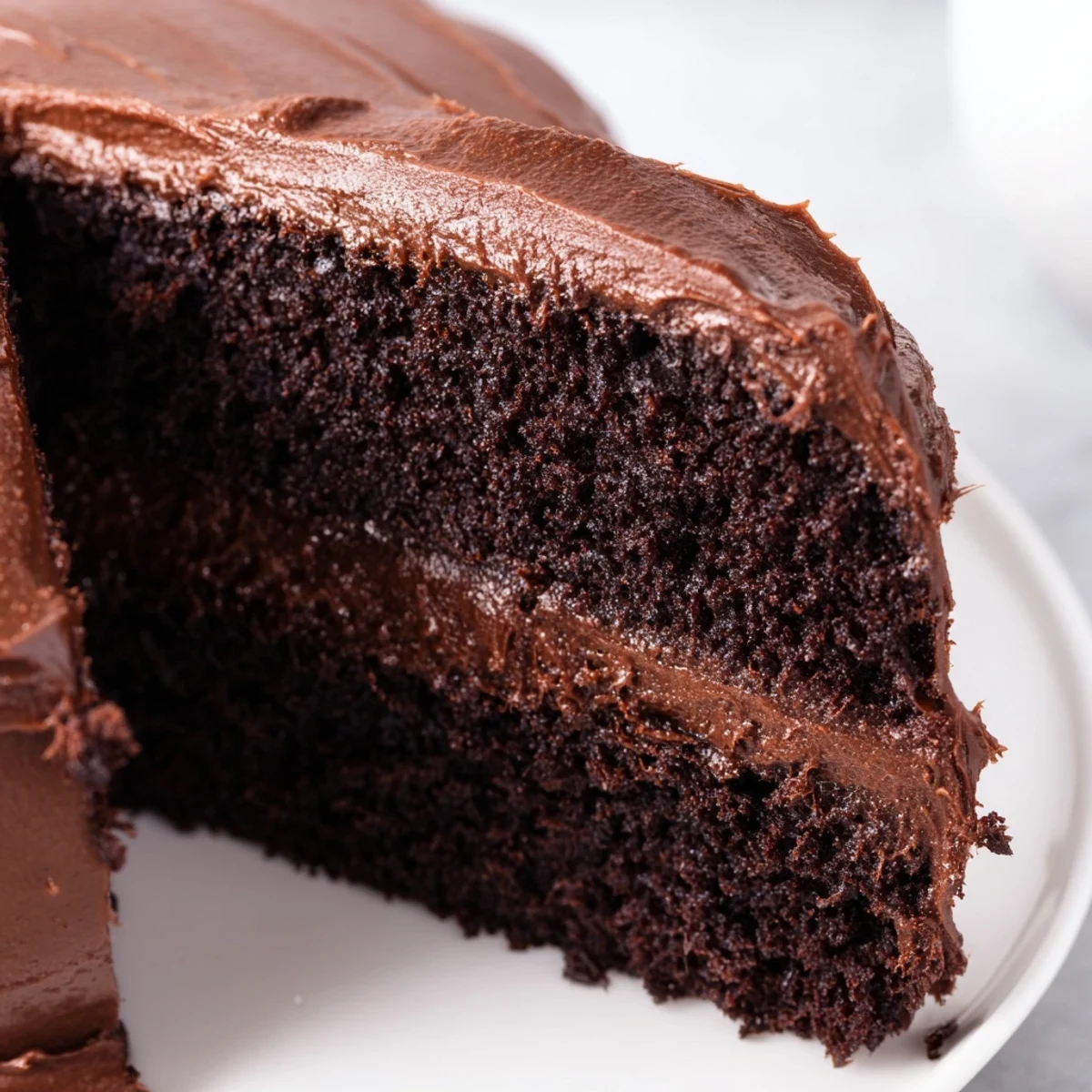 Moist chocolate cake layered with creamy frosting, topped with chocolate shavings on a white serving plate