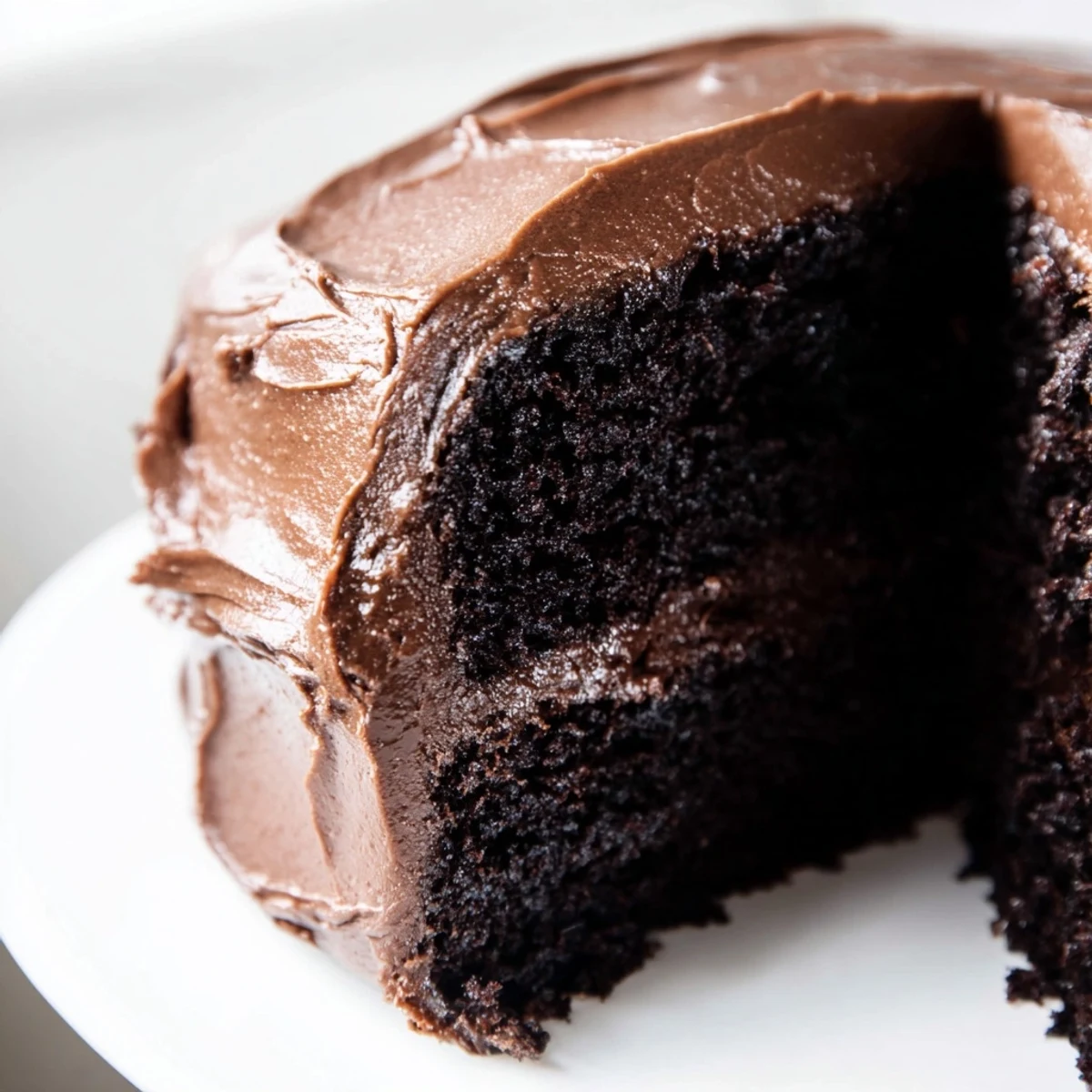 Decadent chocolate cake with smooth buttercream frosting, garnished with fresh raspberries and a dusting of cocoa powder
