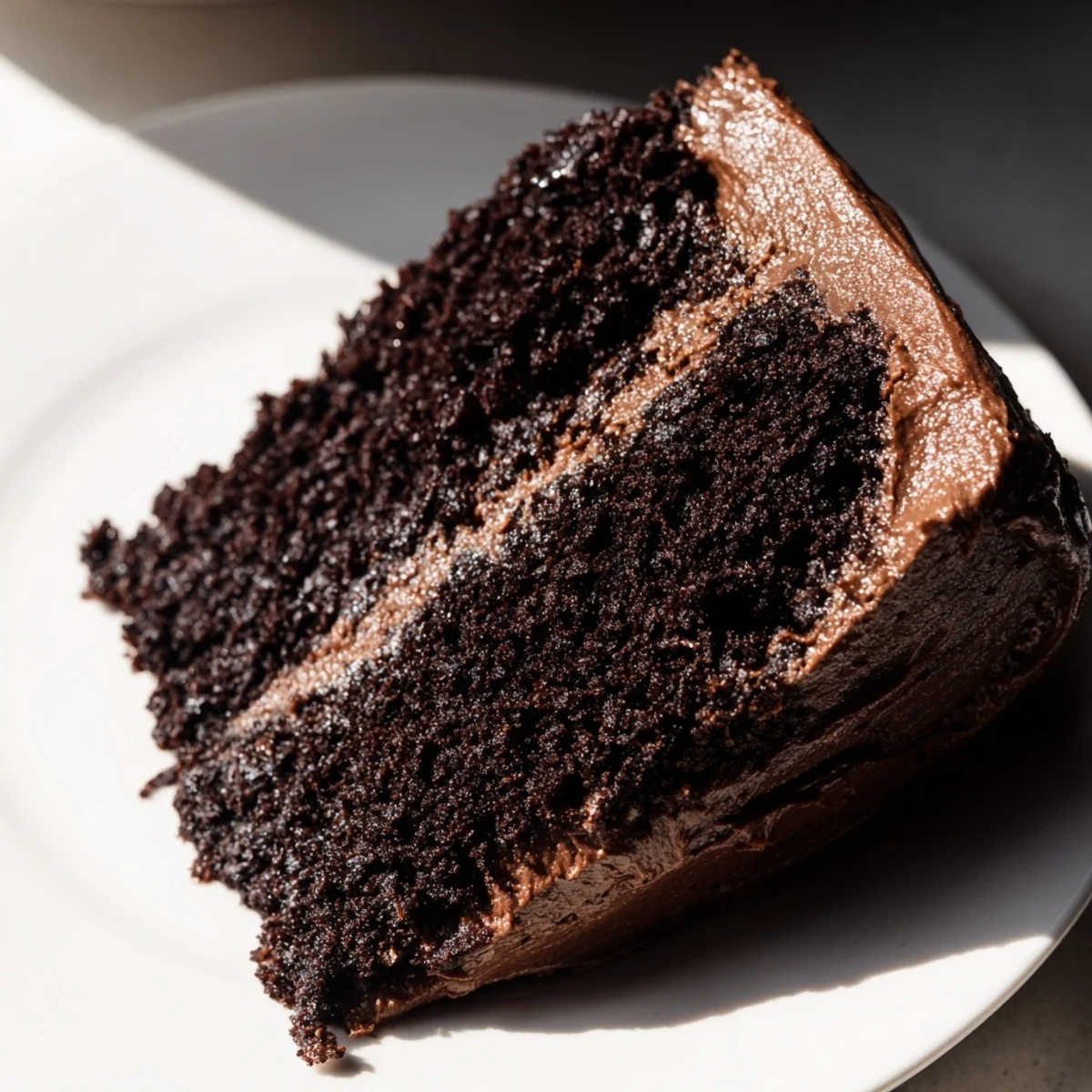 Two-layer chocolate cake with rich silky frosting, served on a cake stand with a slice removed to reveal the moist crumb