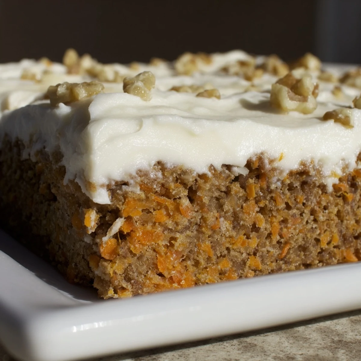Golden squares of decadent carrot cake bars topped with thick cream cheese frosting