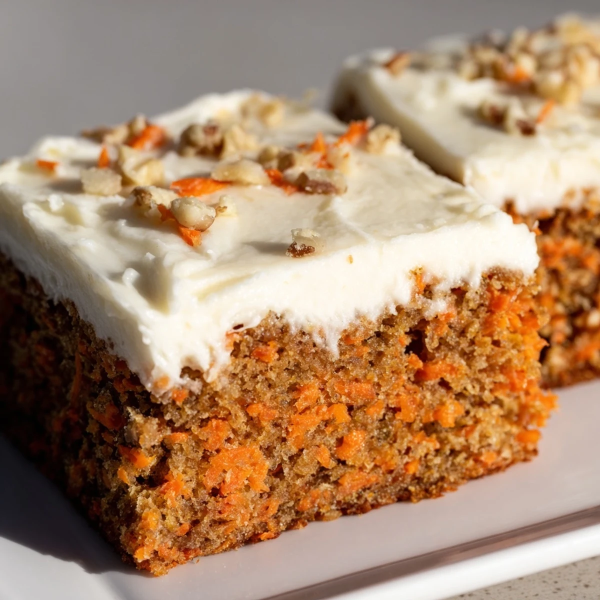Spiced carrot cake bars with luscious cream cheese frosting and fresh grated carrots