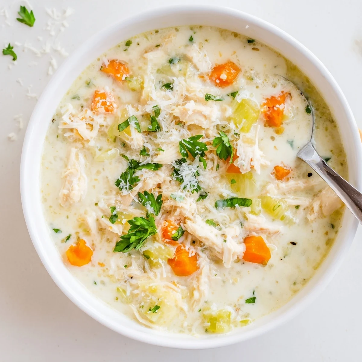 Creamy garlic Parmesan chicken soup in a white bowl topped with fresh parsley and grated cheese
