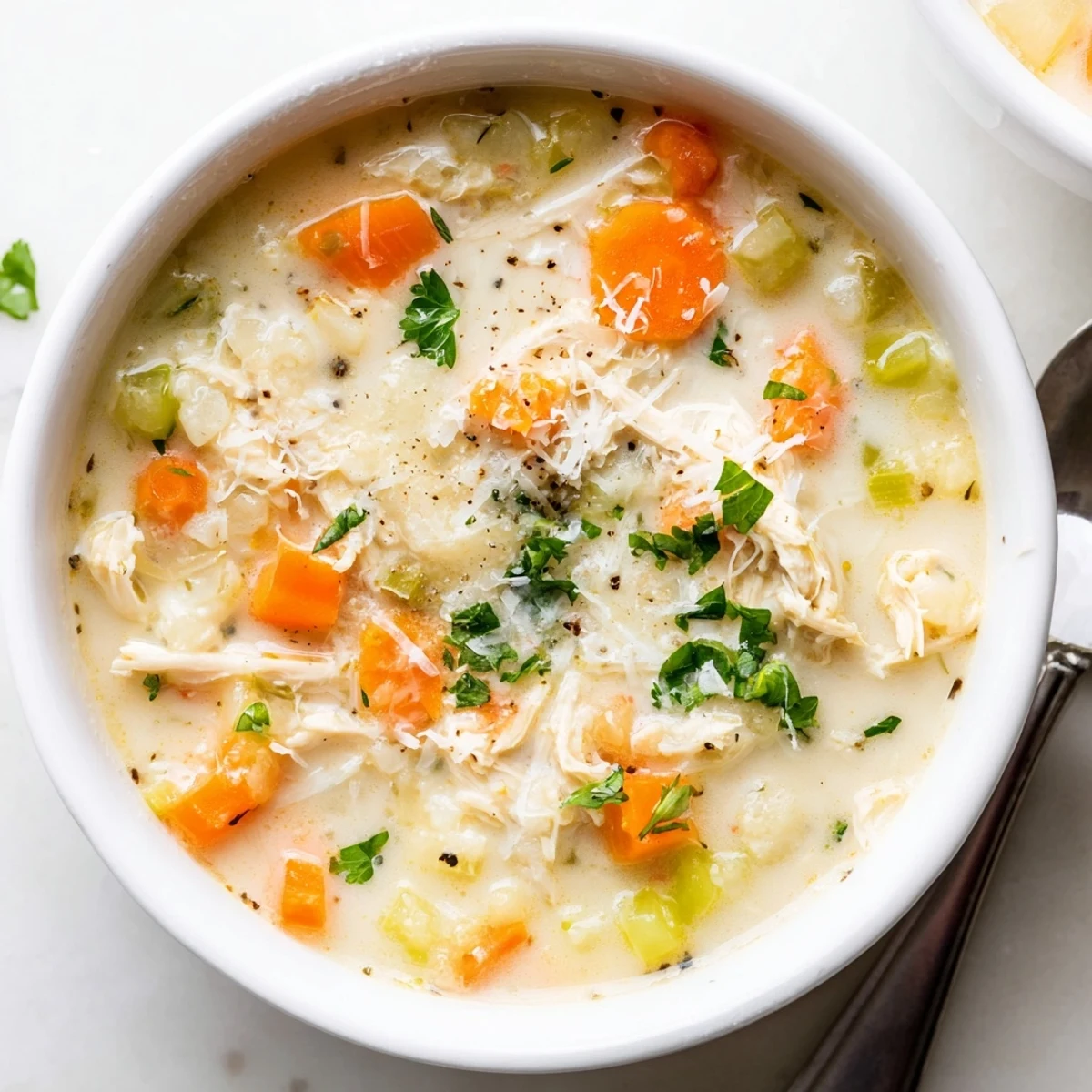 Close-up of tender chicken pieces and vegetables in a rich garlic Parmesan chicken soup broth