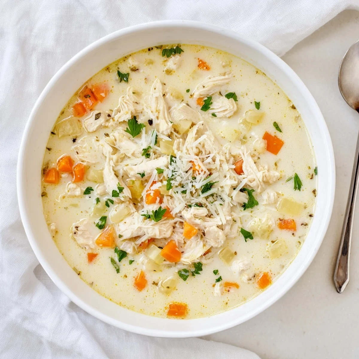 Steam rising from a rustic bowl of garlic Parmesan chicken soup with crusty bread on the side