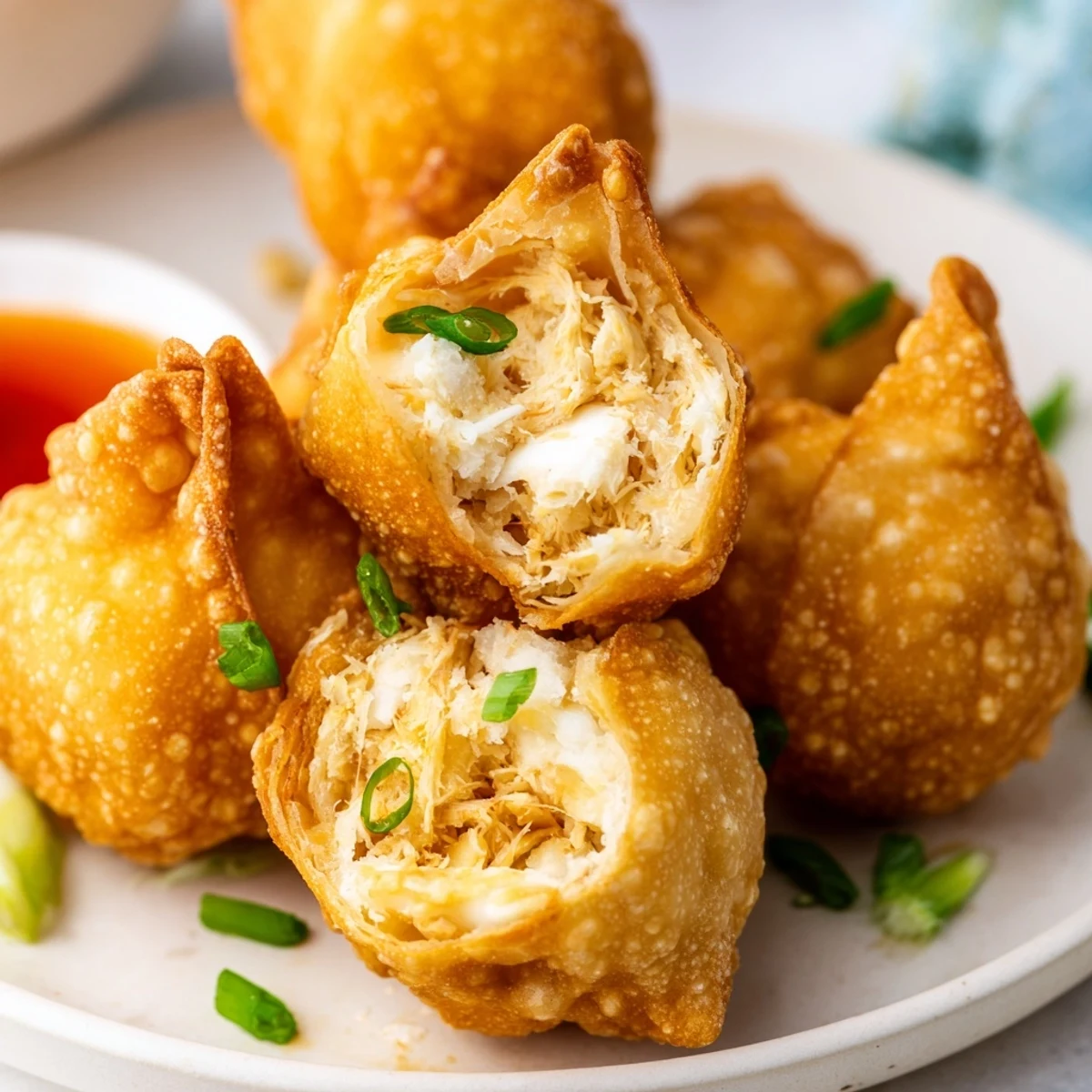 Handheld Crab Rangoon Bombs with golden wonton wrapper and savory cream cheese crab center