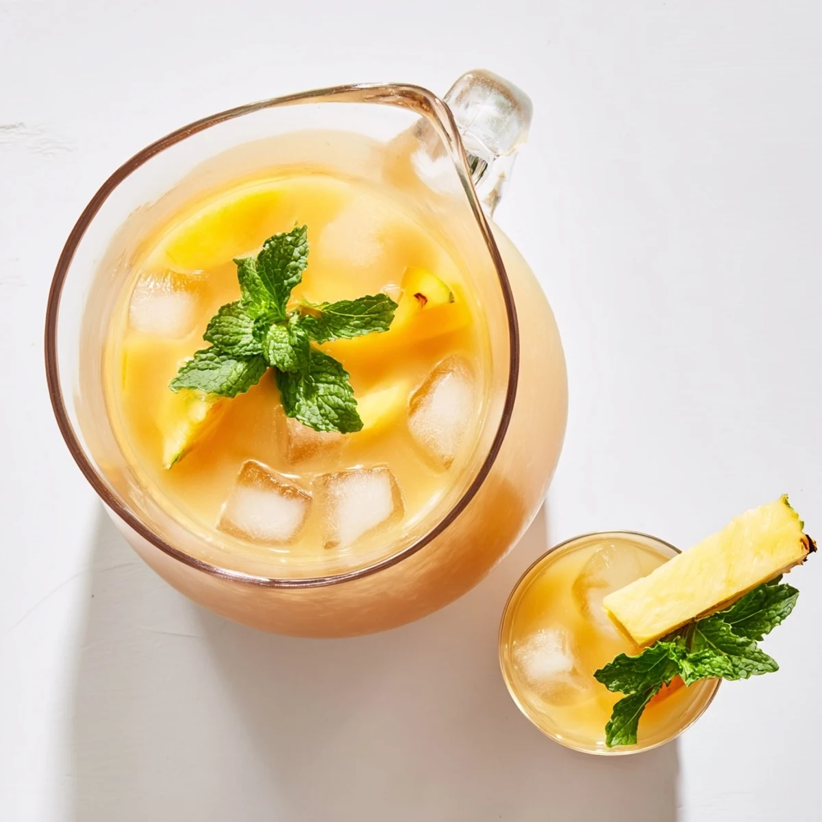 Golden Pineapple Peach Agua Fresca served in a clear glass pitcher with ice cubes and fresh mint garnish
