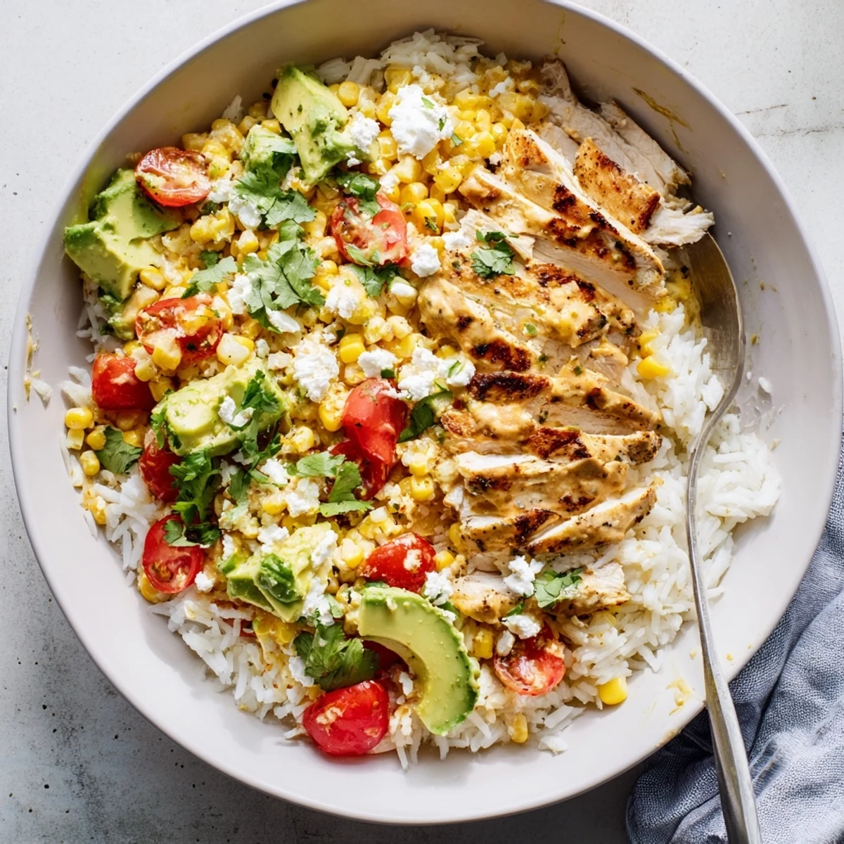 Golden grilled chicken street corn bowls featuring creamy Mexican corn and ripe avocado toppings