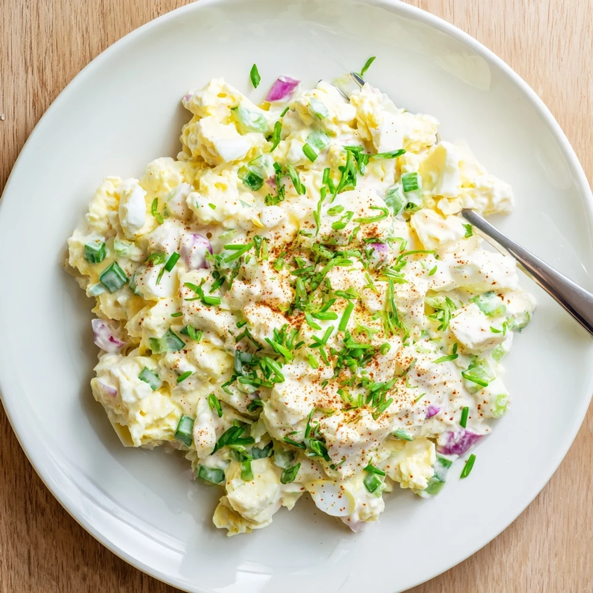 Creamy cottage cheese egg salad with chopped eggs, diced celery, and fresh herbs served in a white bowl