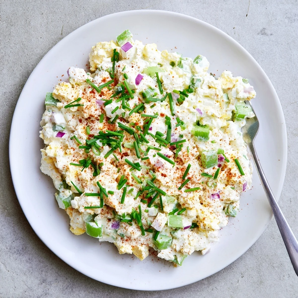 Protein-rich cottage cheese egg salad displayed on whole-grain toast with crisp red onion and vibrant green chives