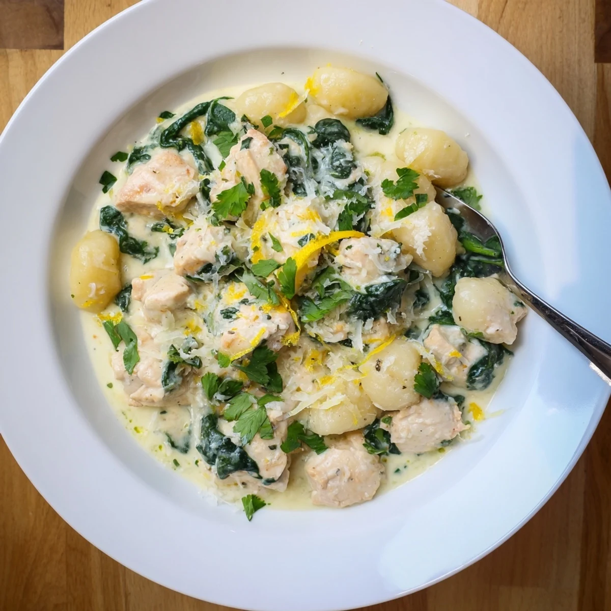 Golden brown chicken and pillowy potato gnocchi swimming in a rich lemon cream sauce with wilted spinach