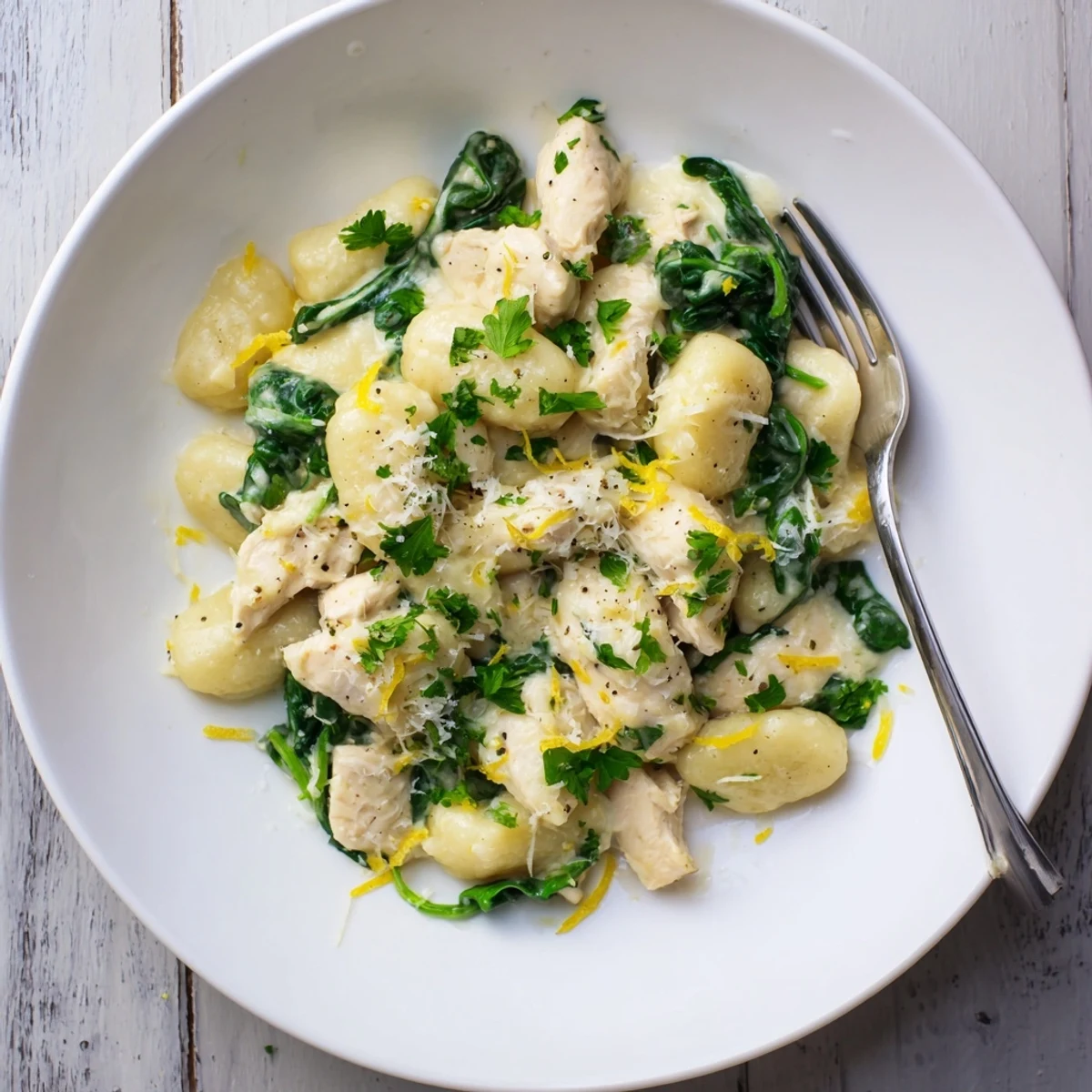 Creamy lemon chicken gnocchi dish topped with fresh Parmesan and parsley in a rustic cast iron skillet