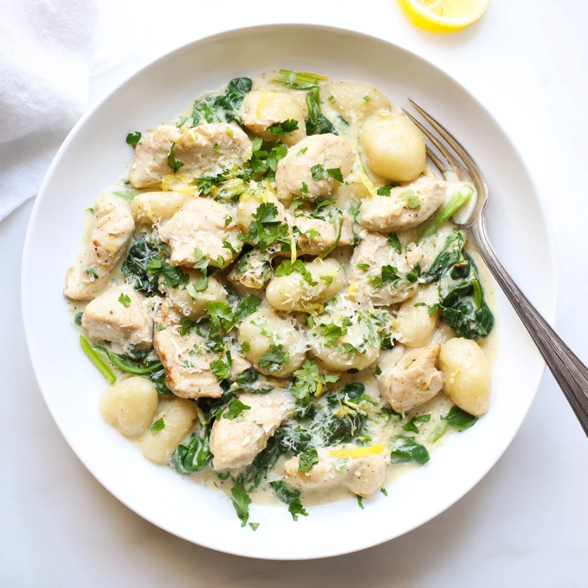 Sizzling skillet of tender chicken pieces and soft gnocchi coated in a bright white lemon Parmesan sauce
