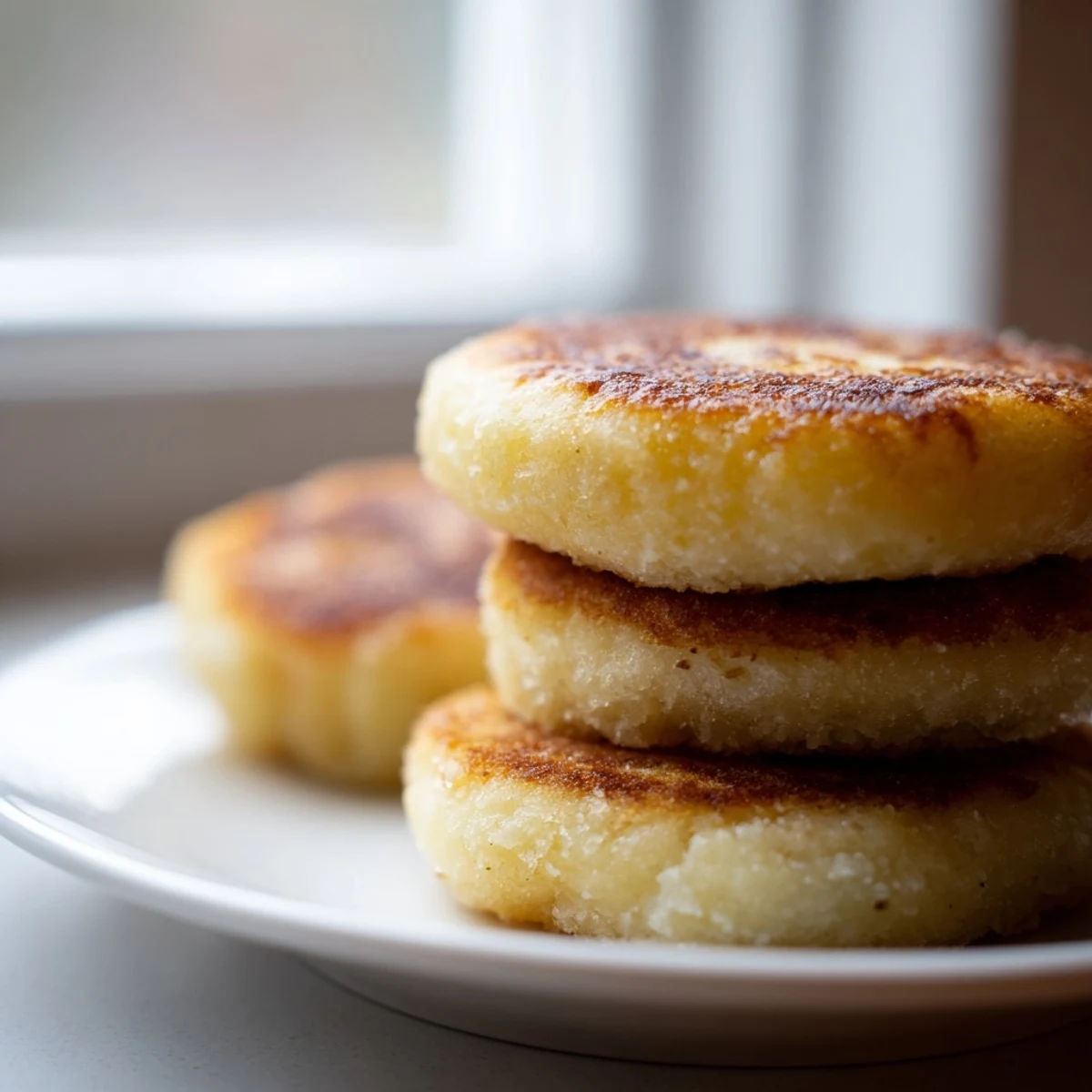 Homemade Irish potato cakes stacked on a serving plate ready for breakfast with butter