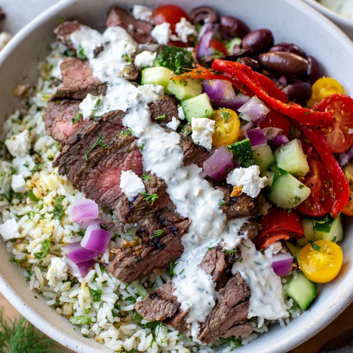 Savory Mediterranean steak bowl arranged with tender grilled steak strips, seasoned rice, cherry tomatoes, red onion, and crumbled feta for a satisfying meal.
