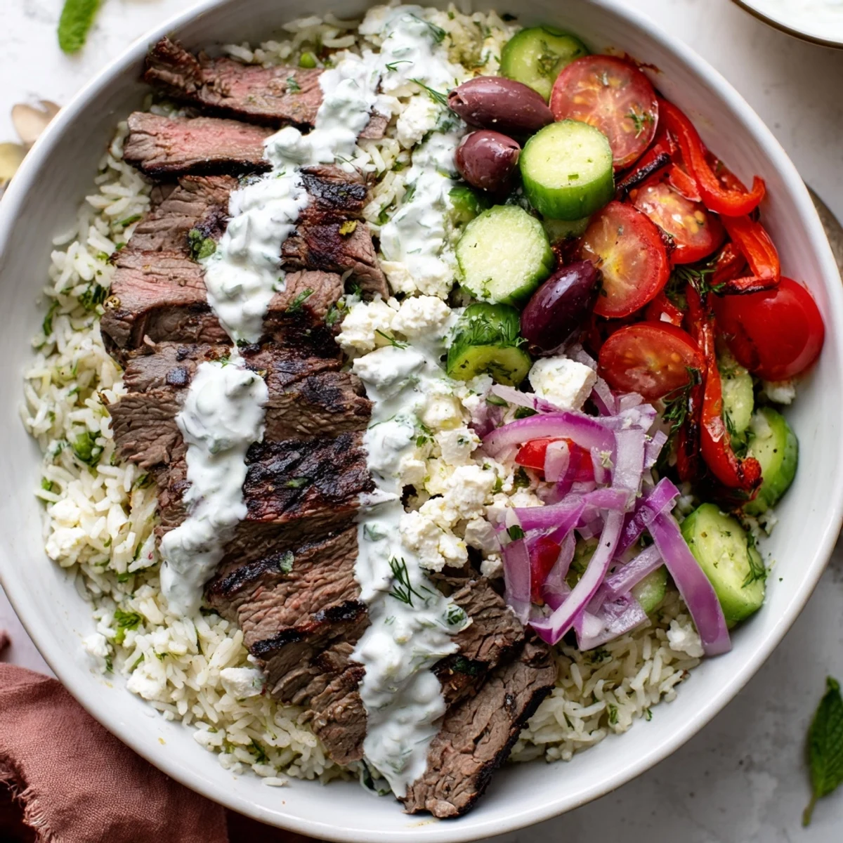Protein-packed Mediterranean steak bowl with juicy marinated flank steak, fluffy herb rice, crisp vegetables, and tangy yogurt sauce drizzled on top.
