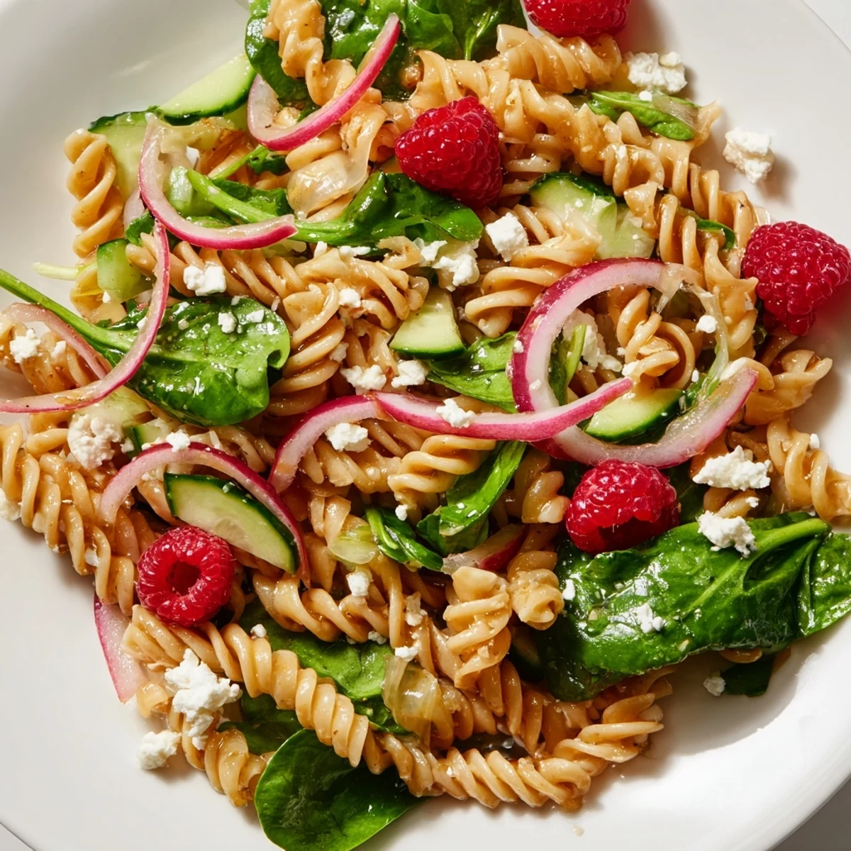 Colorful raspberry spinach feta pasta salad tossed in tangy vinaigrette with fresh seasonal ingredients