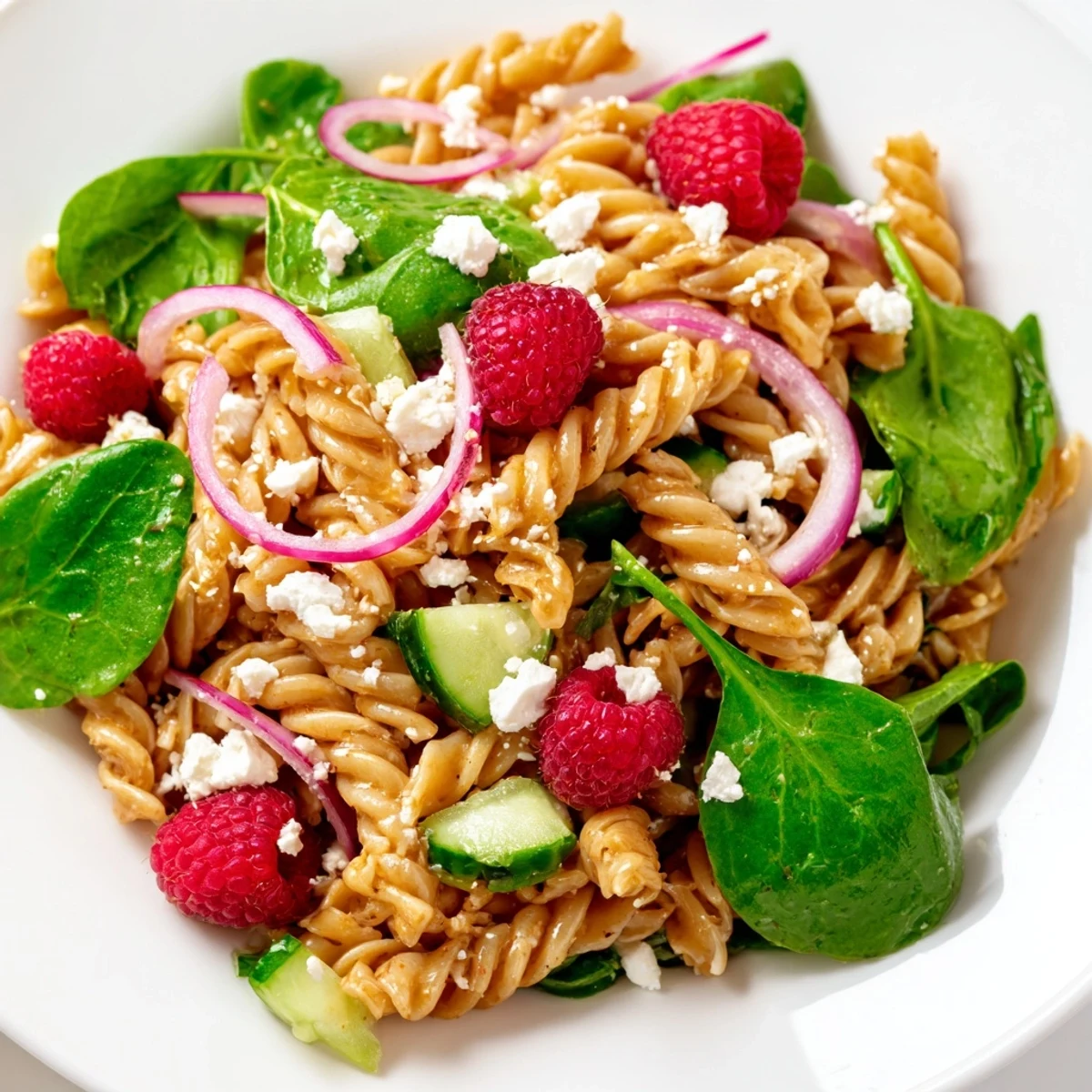 Refreshing raspberry spinach feta pasta salad plated in a white serving bowl with red onion and cucumber