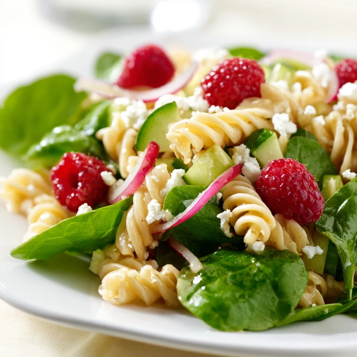 Vibrant summer pasta salad featuring sweet raspberries, creamy feta, tender spinach, and crunchy toasted nuts