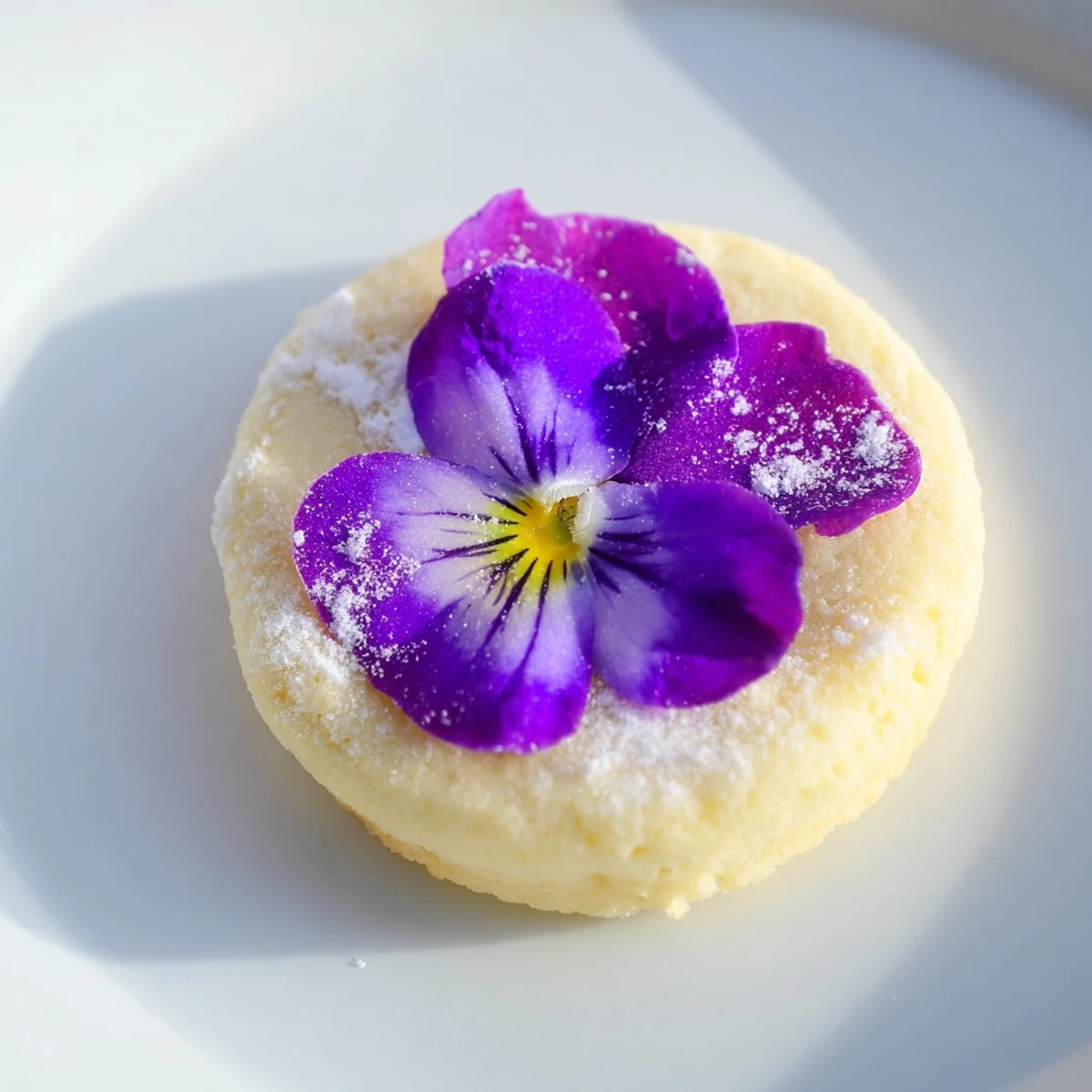 Golden spring flower shortbread cookies topped with colorful edible violets and pansies on a white baking sheet
