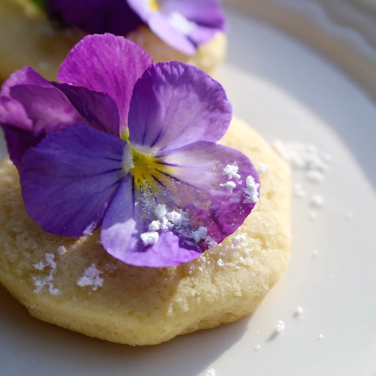 Buttery shortbread cookies decorated with pressed edible flowers and dusted with sugar for afternoon tea
