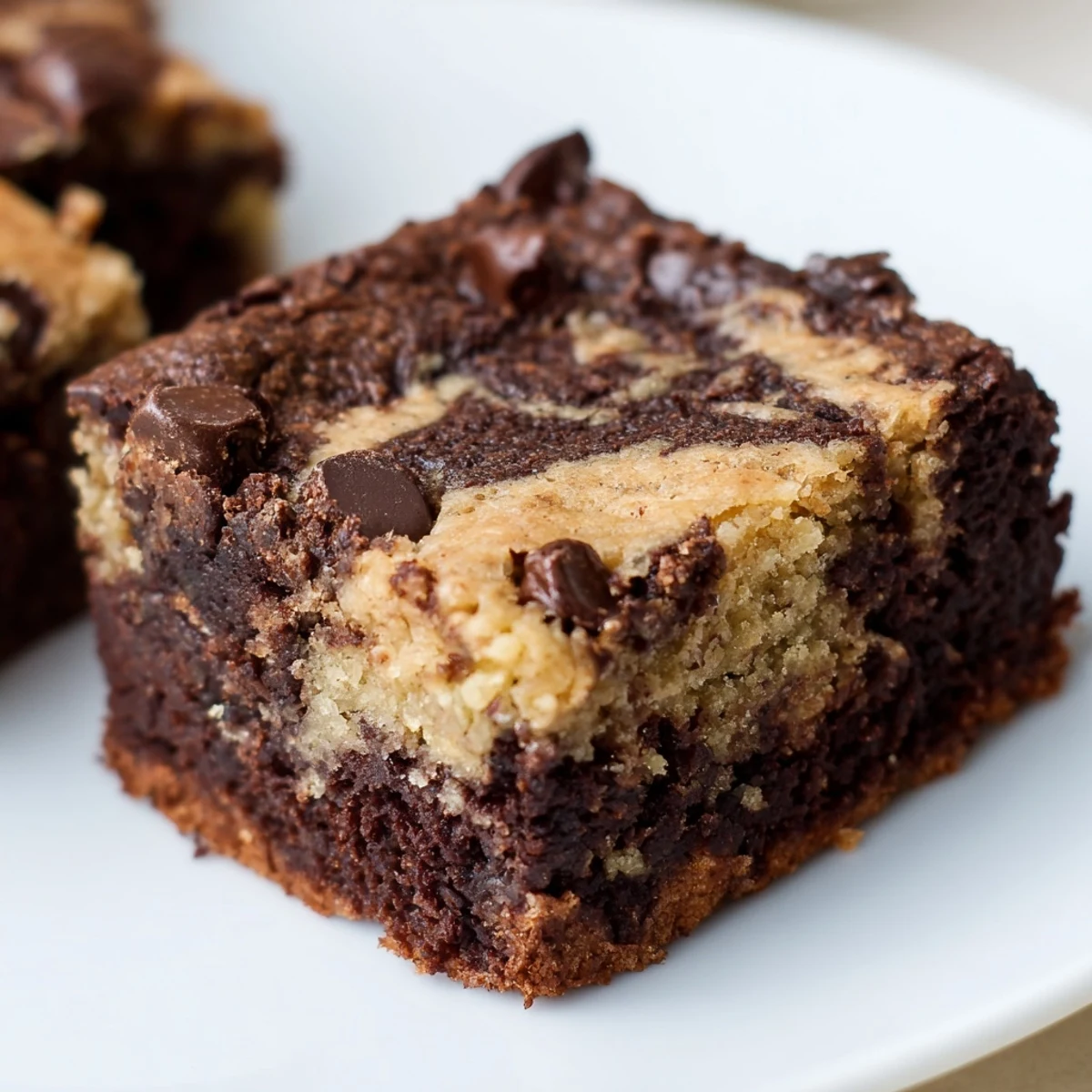 Golden banana bread brownie bars sliced into squares showing their marbled chocolate and vanilla swirls