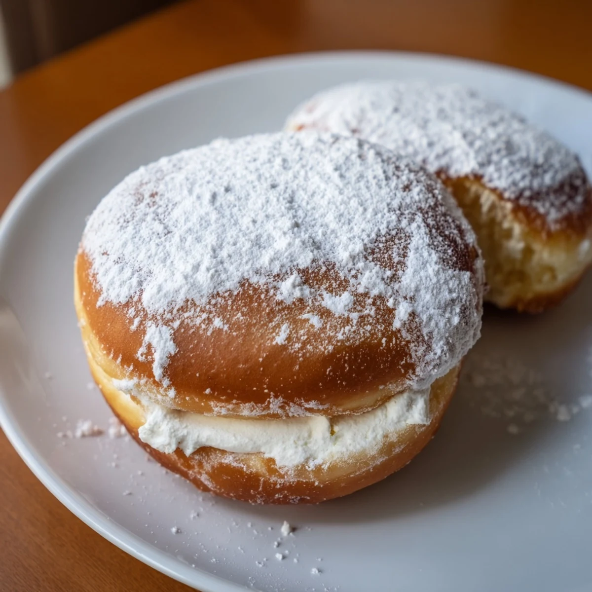 Golden brown Korean milk cream donuts dusted with powdered sugar after being fried to perfection