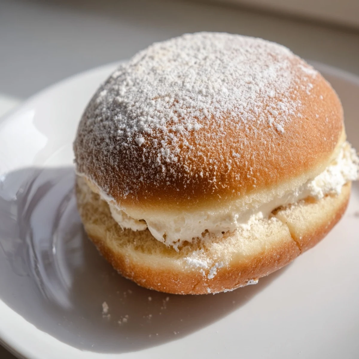 Plate of freshly fried Korean milk cream donuts coated in white powdered sugar ready to serve