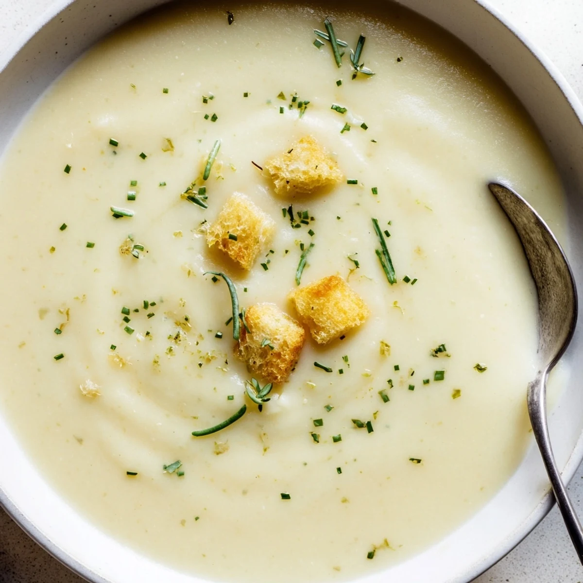 Creamy potato leek soup ladled into white bowls, topped with fresh chives and crusty bread