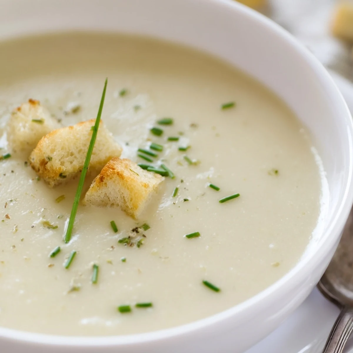 Golden potato leek soup with tender vegetable chunks, swirled with cream and sprinkled with parsley
