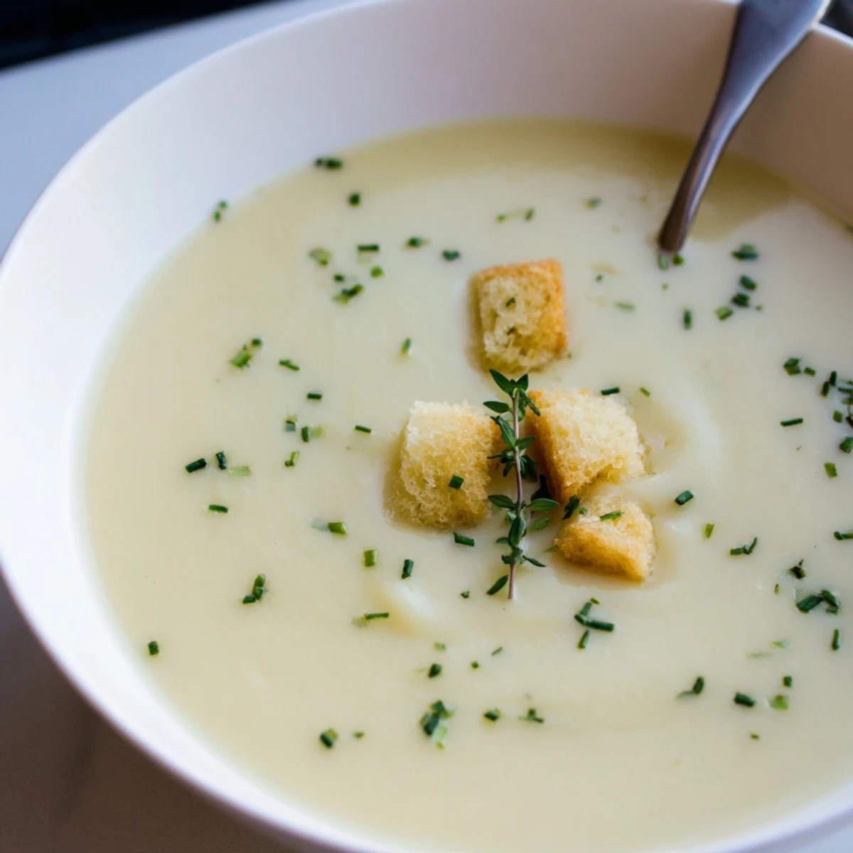 Velvety smooth potato leek soup steaming in rustic bowls, garnished with green chives and croutons