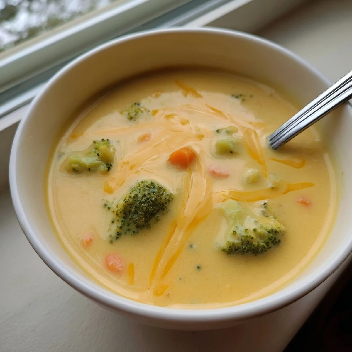Bowl of creamy broccoli cheddar soup garnished with extra shredded cheese and black pepper
