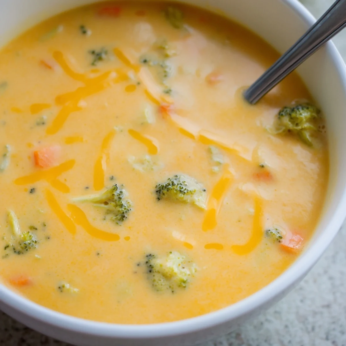 Spoon lifting rich broccoli cheddar soup revealing tender broccoli florets in smooth cheese base