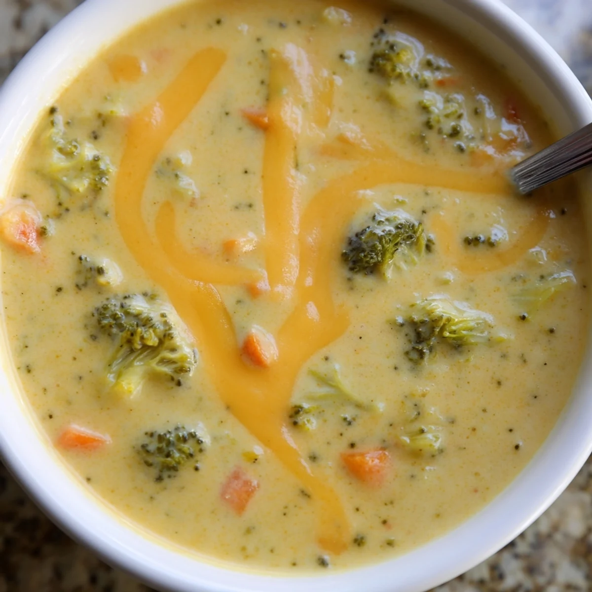 Velvety broccoli cheddar soup steaming in white bowl with crusty bread on side
