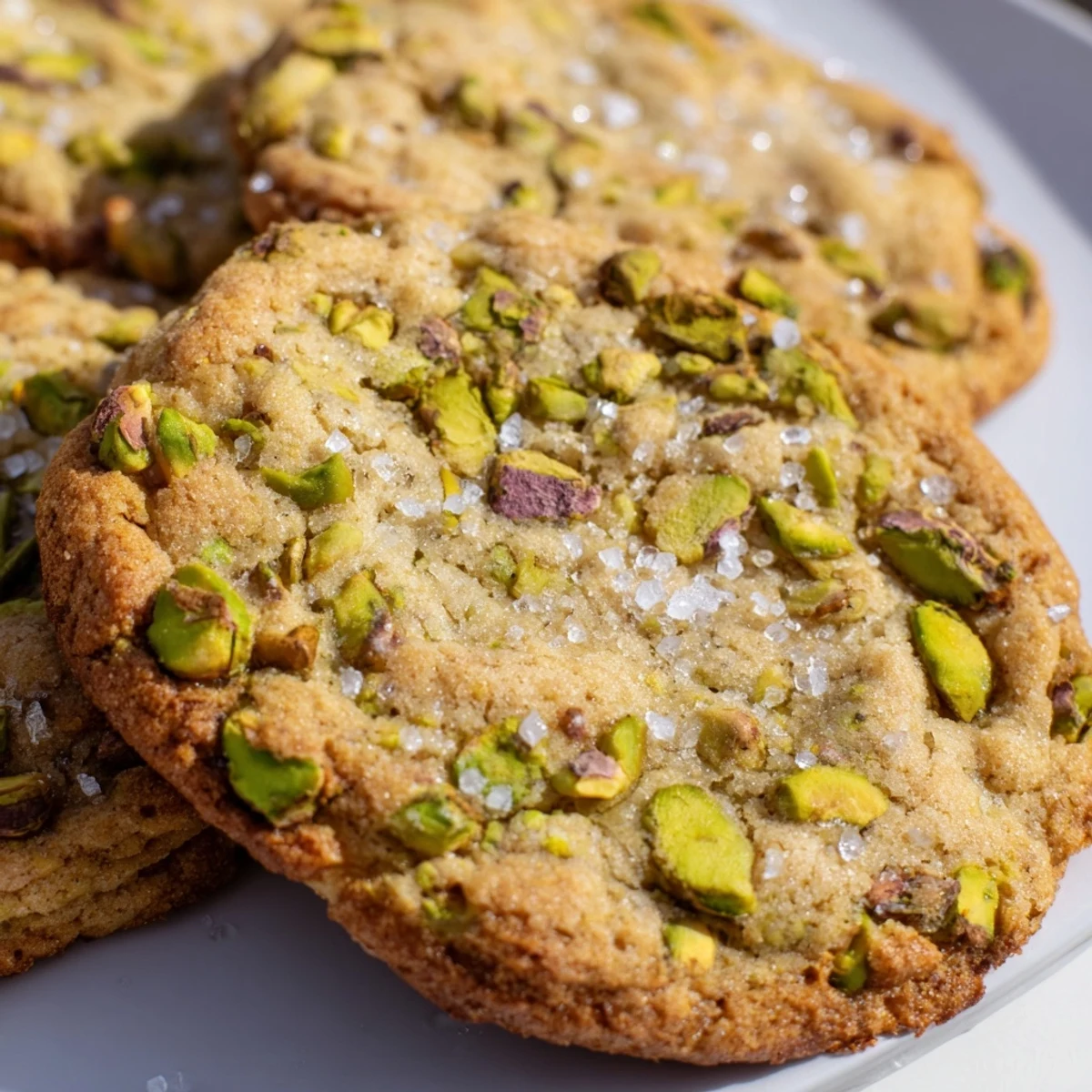 Golden brown salted pistachio cookies topped with sparkling flakes of sea salt on a white plate
