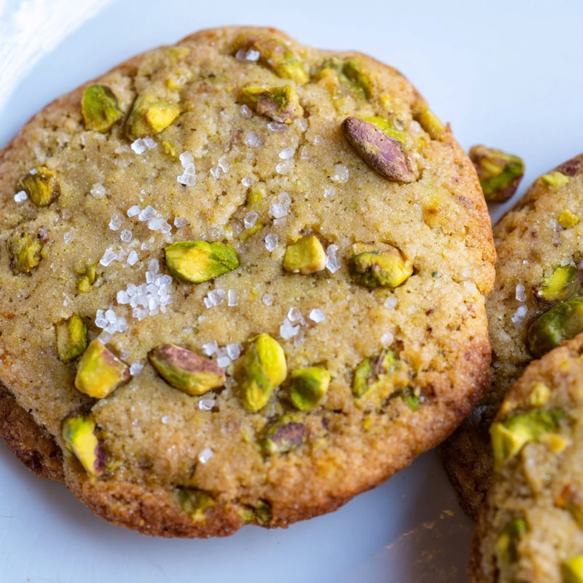 Homemade salted pistachio cookies fresh from the oven with chopped roasted nuts visible inside
