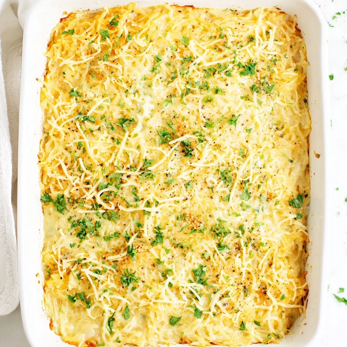 Golden baked spaghetti squash au gratin topped with melted gruyère and parmesan cheese