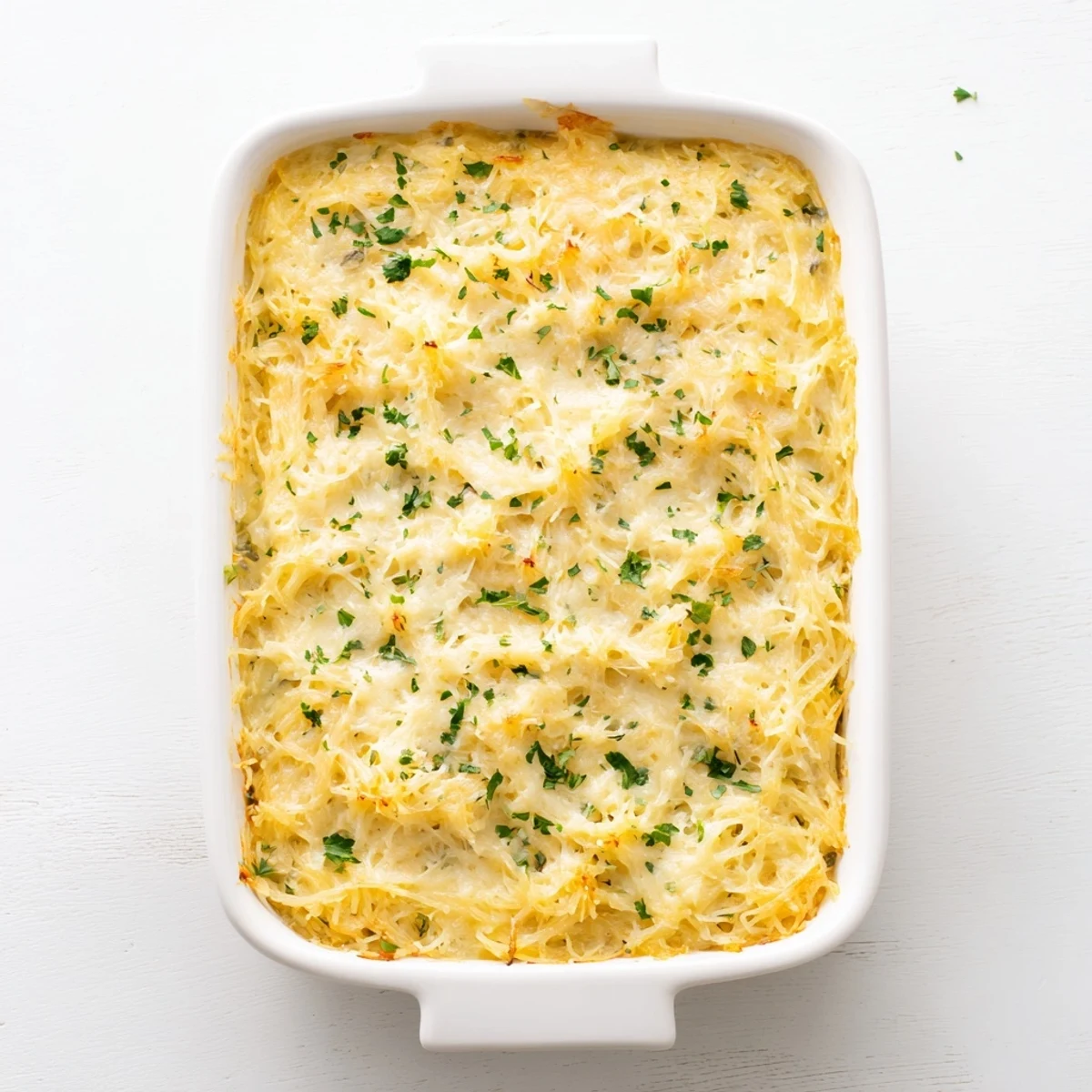 Roasted spaghetti squash strands in savory cheese sauce baked until golden brown and bubbly