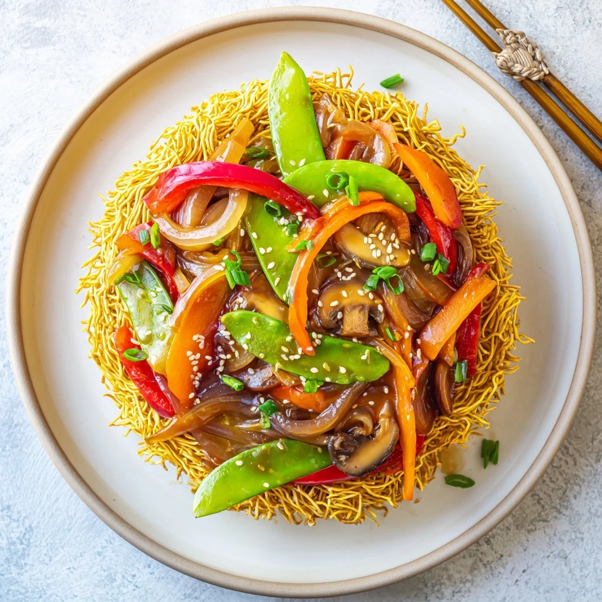 Golden crispy noodle chow mein topped with colorful stir-fried vegetables in savory sauce