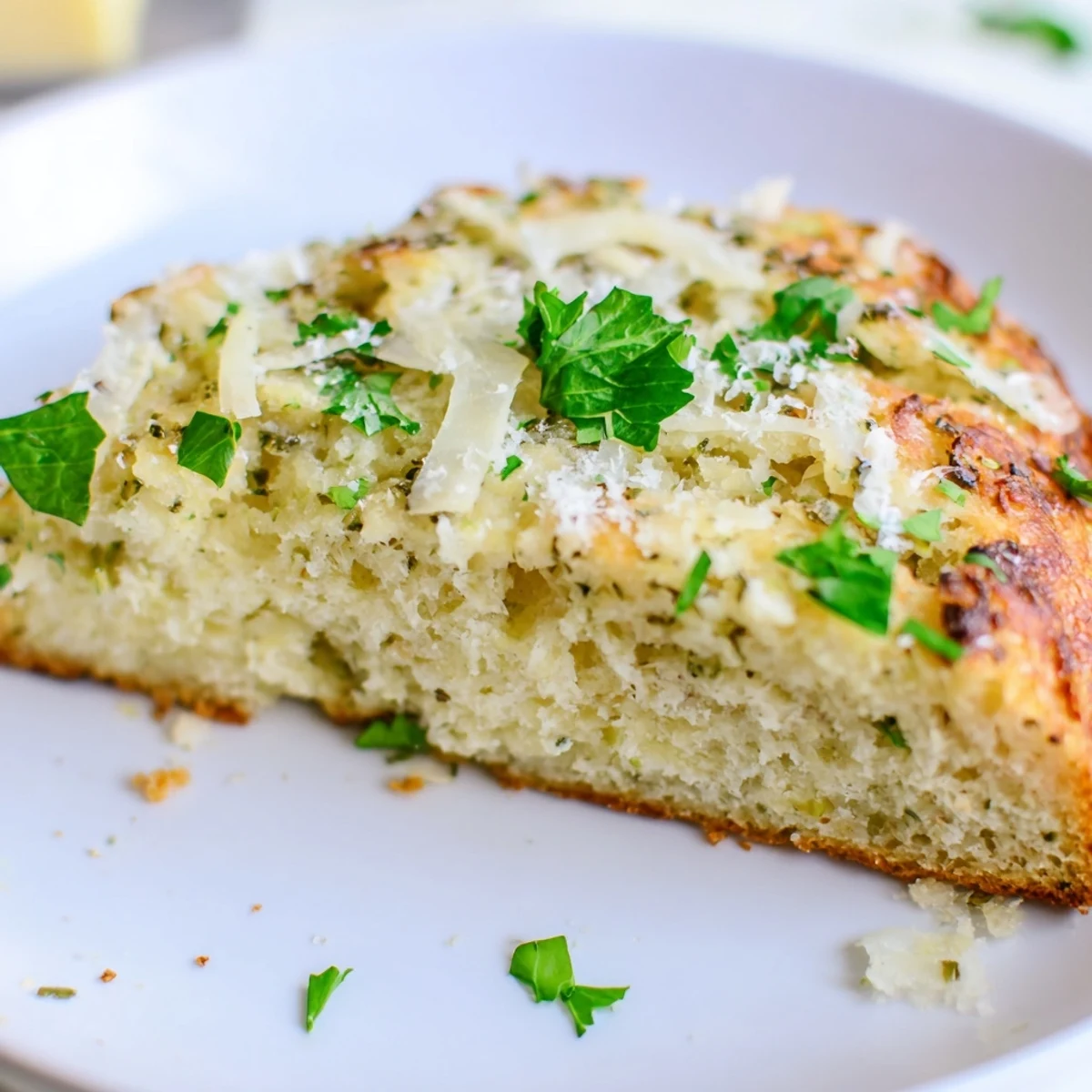 Golden Parmesan herb keto bread loaf with melted cheese topping and fresh parsley garnish