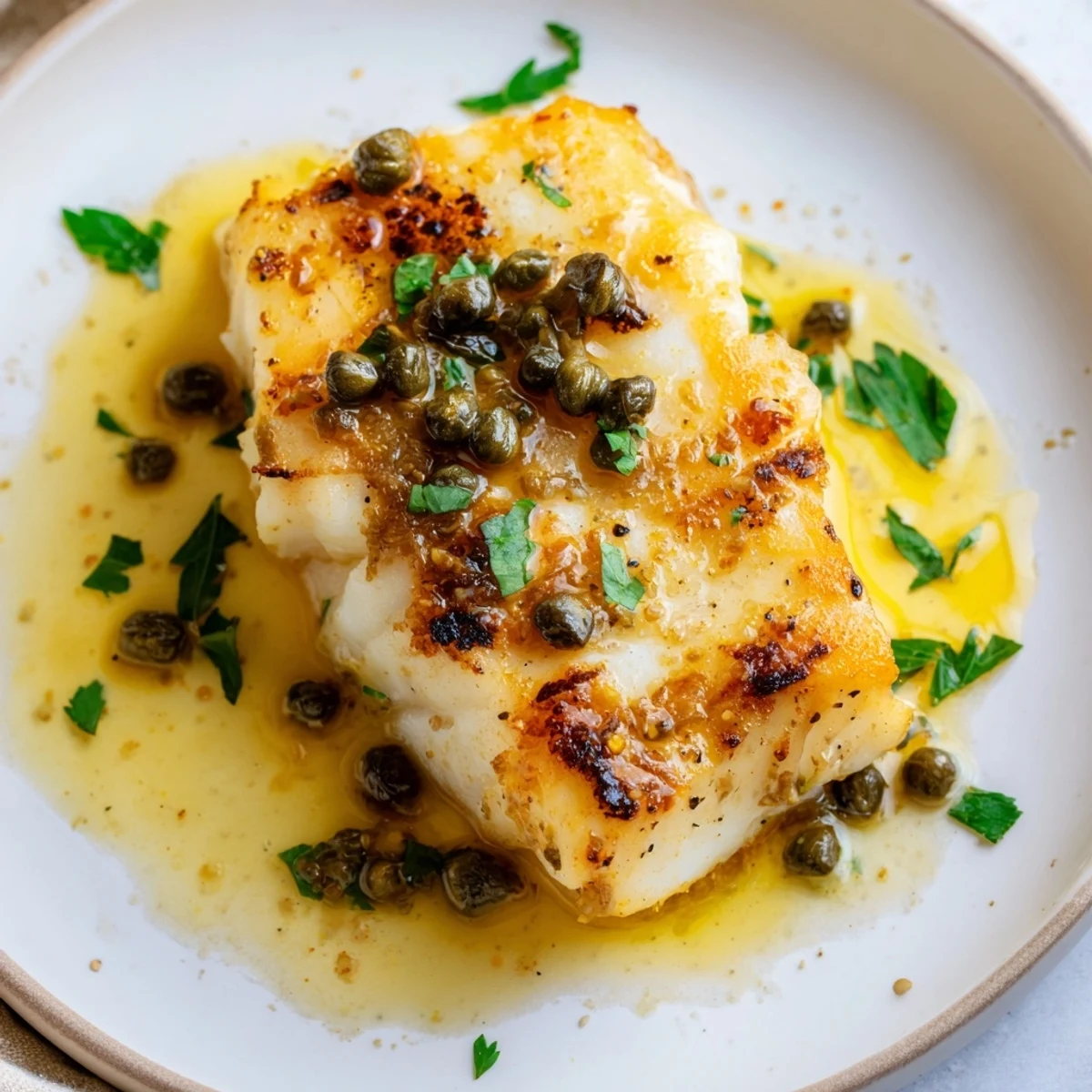 Golden pan-seared cod piccata resting in a creamy lemon caper sauce with fresh parsley garnish