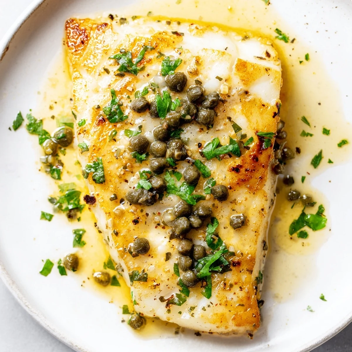 Tender white cod fillets cooked in a bright buttery lemon sauce with briny capers