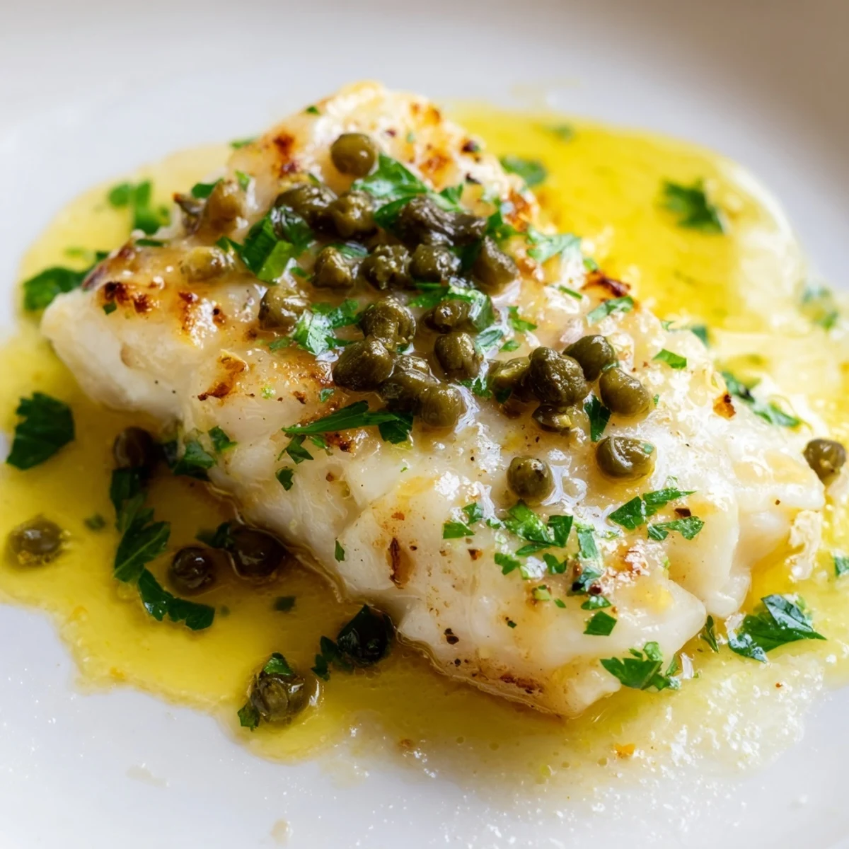 Plate of Italian-American cod piccata topped with zesty lemon garlic sauce and green parsley