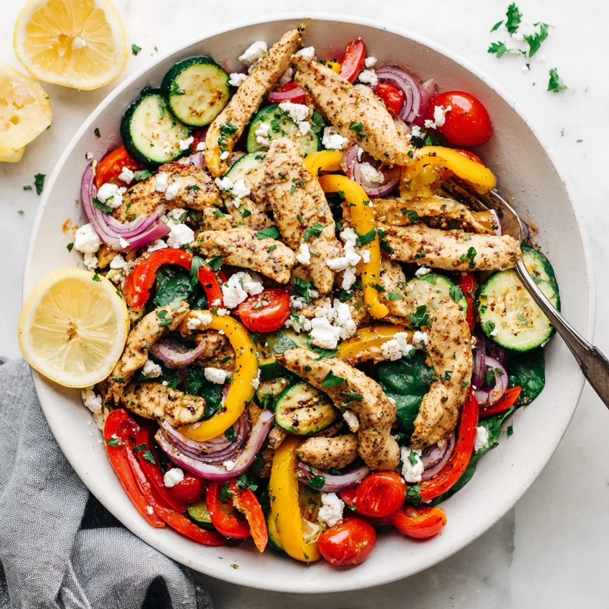 Golden brown chicken strips tossed with colorful bell peppers and zucchini in Mediterranean chicken stir fry