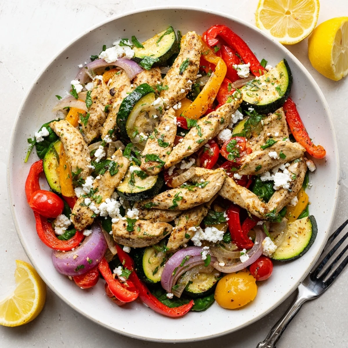 Sizzling skillet of easy Mediterranean chicken stir fry topped with crumbled feta and fresh parsley