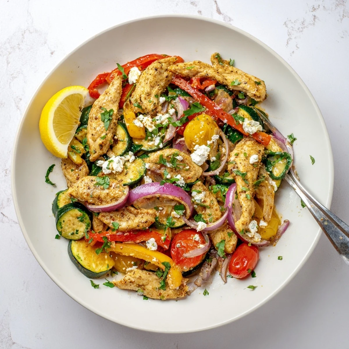 Juicy seasoned chicken with crisp vegetables in this easy Mediterranean chicken stir fry served in a bowl