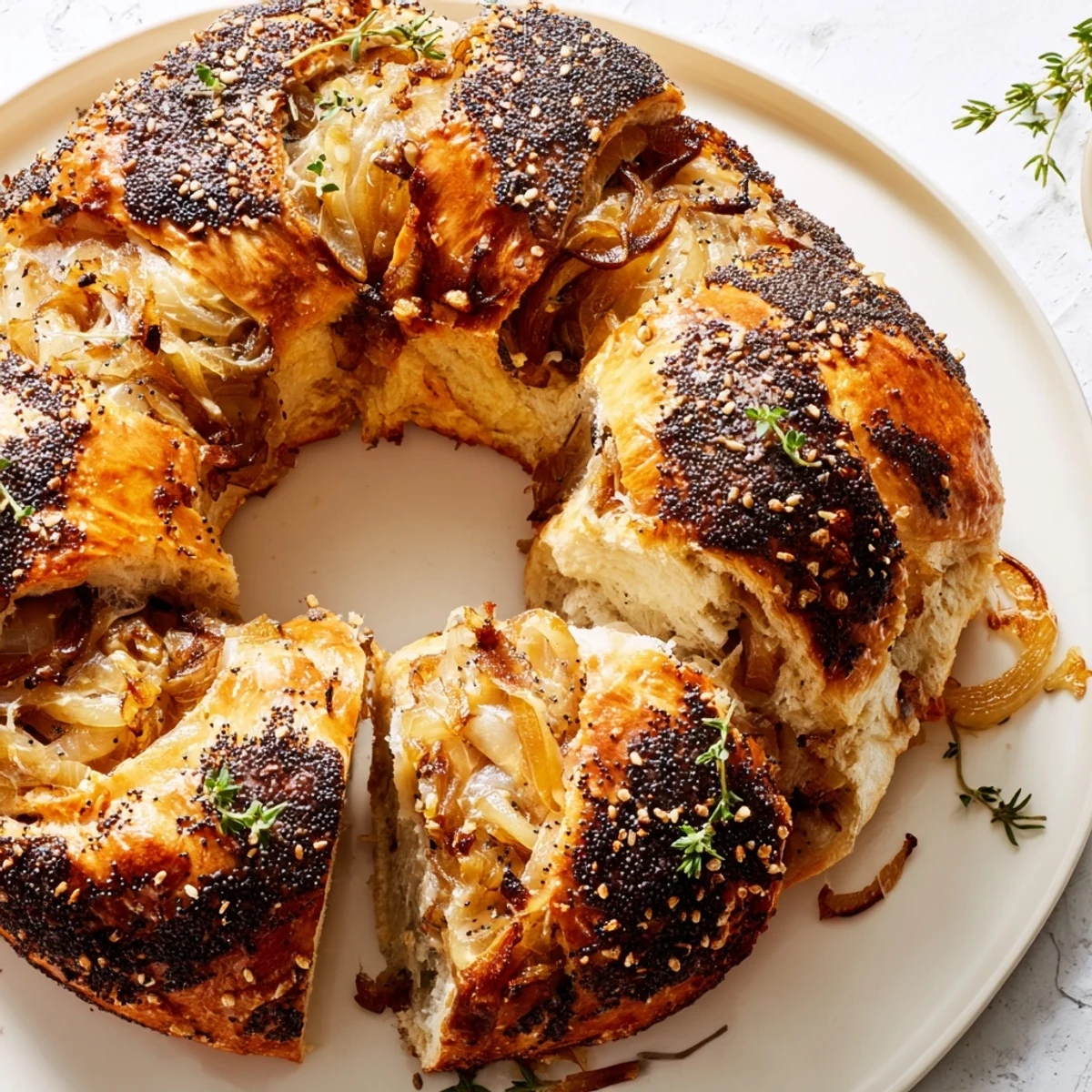 Golden brown caramelized onion gruyere stuffed bread wreath with glistening egg wash and poppy seeds