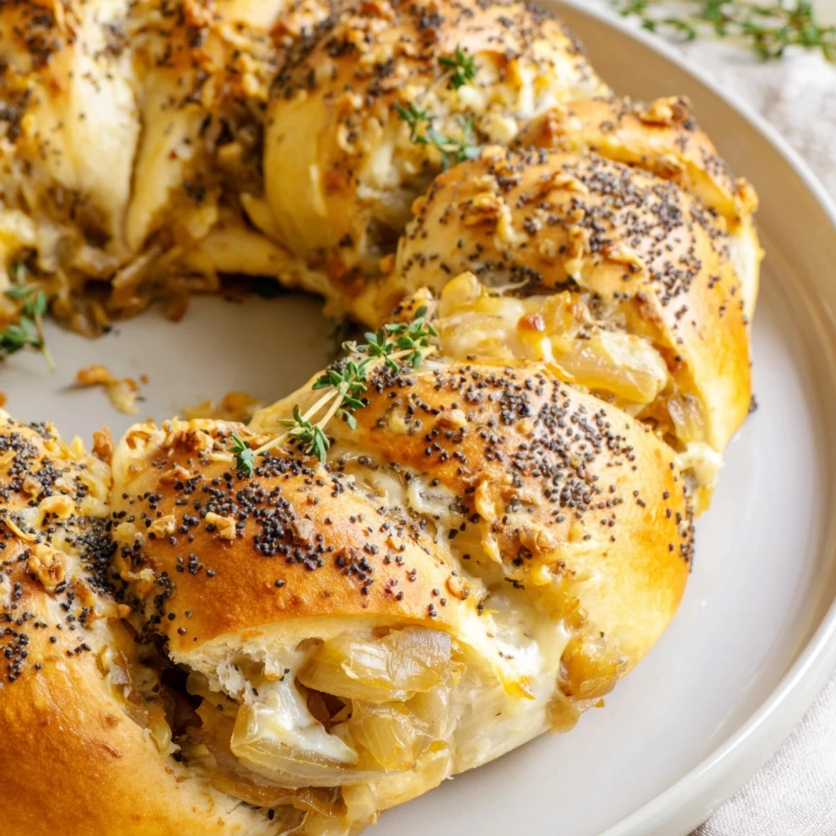Round savory wreath bread revealing melted gruyere cheese and sweet caramelized onion layers between cut sections